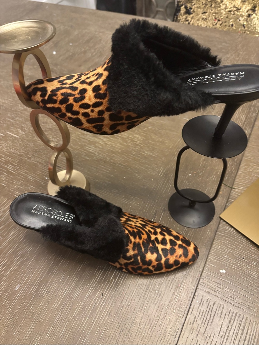AEROSOLES Leopard Print Faux-Fur Trim Slip-On Mules - Black, Brown